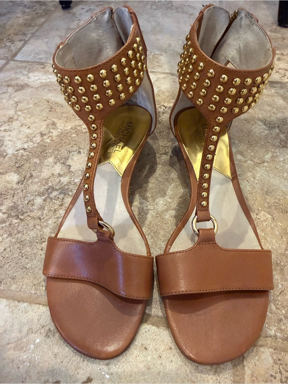 MICHAEL Michael Kors Tan Leather Studded T-Strap Sandals